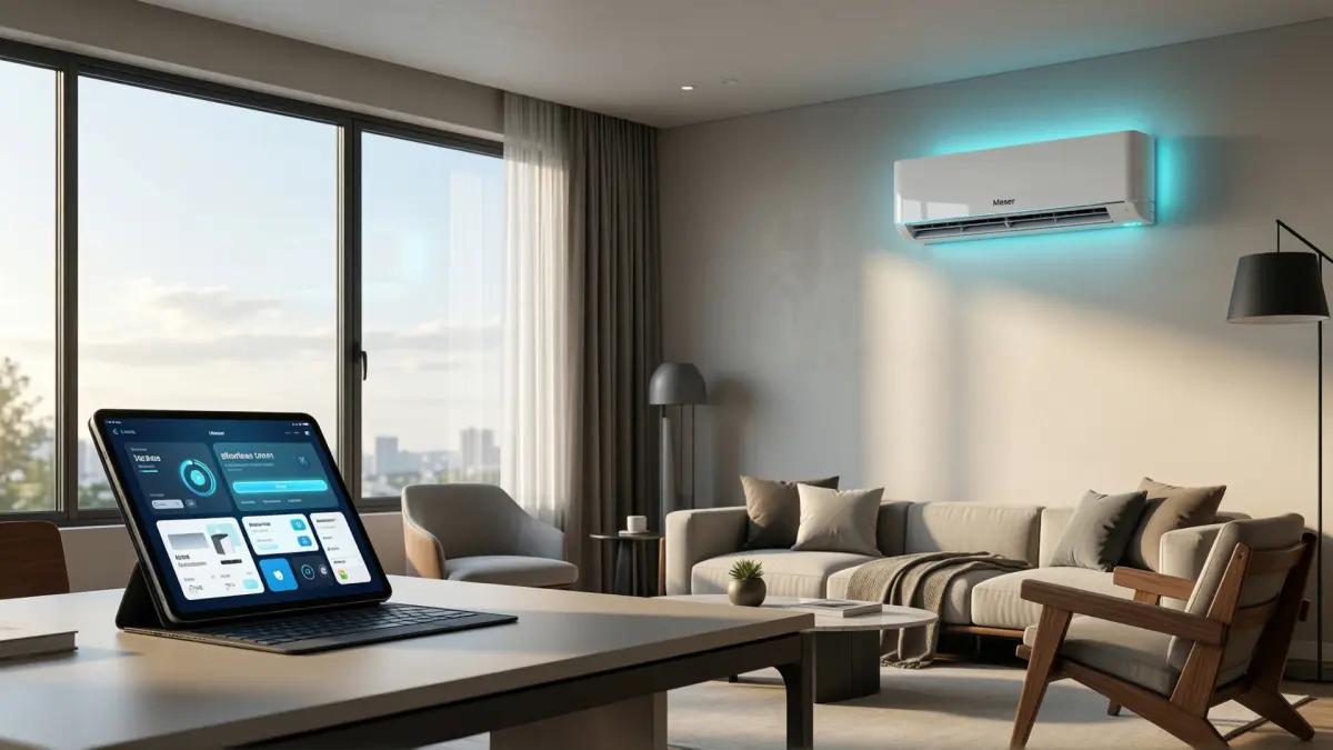 Living de departamento moderno con aire acondicionado y control por tablet