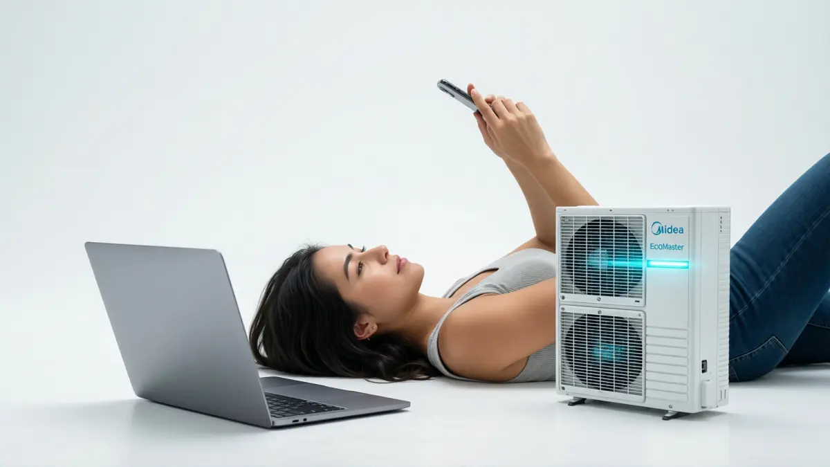 Mujer coordinando mantención de unidad exterior de aire acondicionado