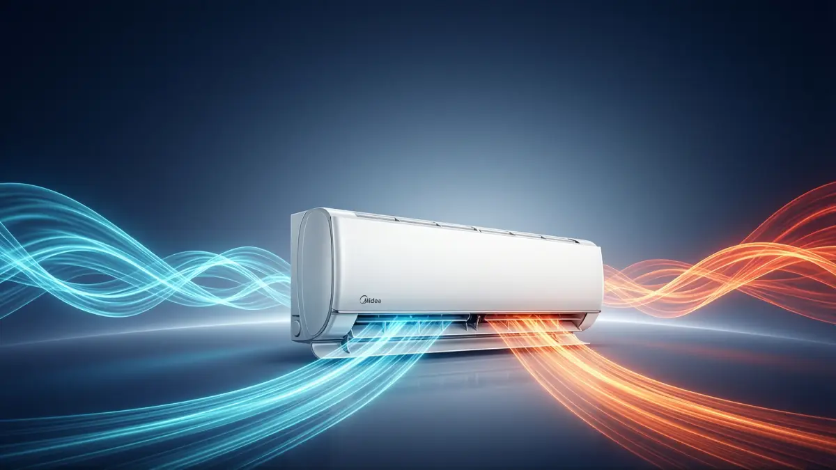 Equipo Midea con flujos de aire frío y calor representando capacidad en BTU
