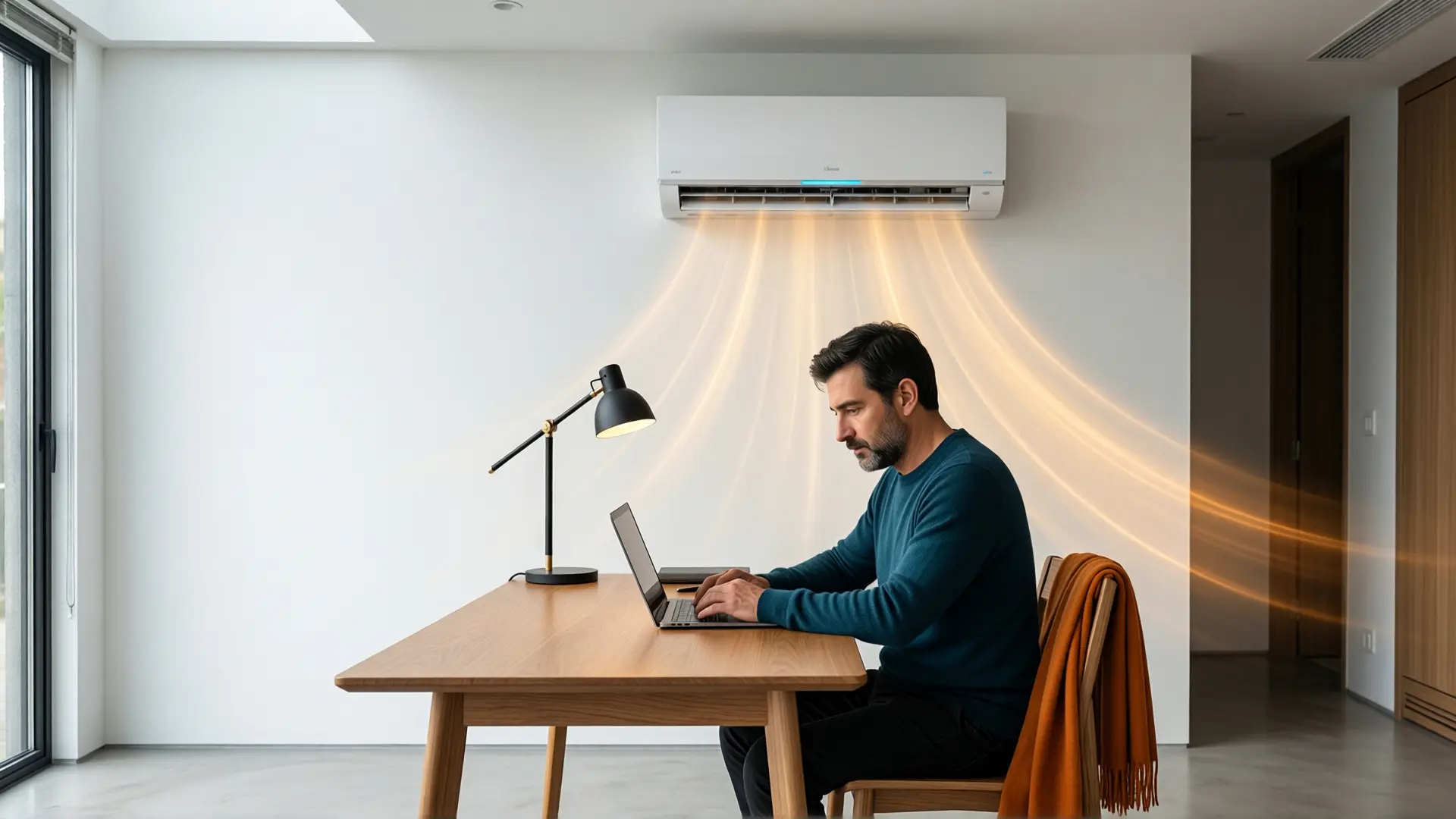 Hombre controlando aire acondicionado inteligente desde su escritorio
