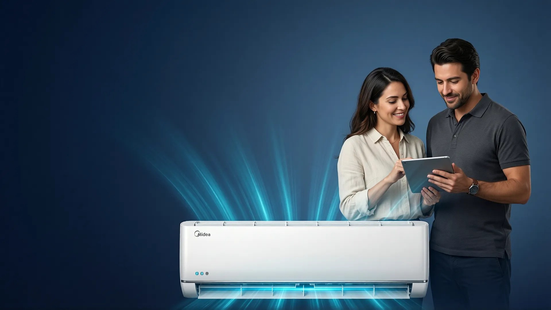 Pareja revisando opciones de climatización junto a aire acondicionado Midea